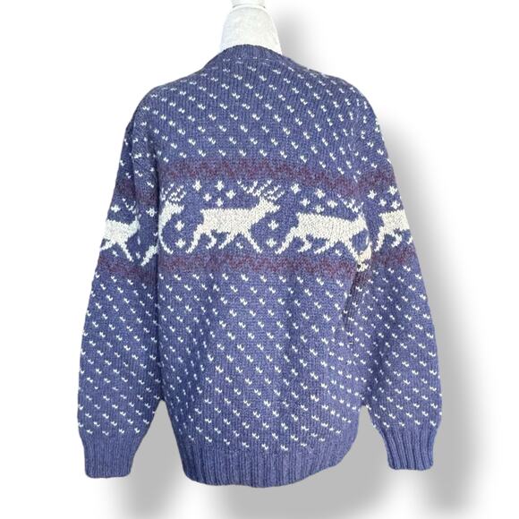 Vintage Blue Reindeer Wool Sweater Fair Isle Blue Knit Nordic Cottagecore Large - Picture 4 of 8